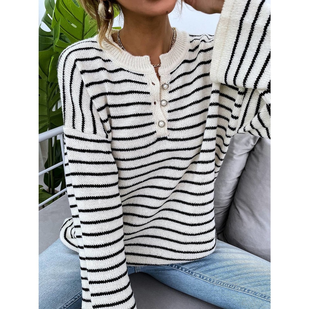 Striped oversized Button Front Sweater cream black minimalist preppy - Picture 5 of 6